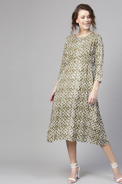 Women's Olive Geo Print Side Tie Dress