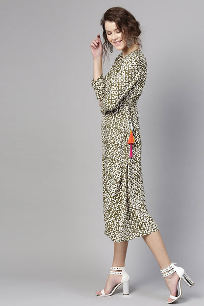 Women's Olive Geo Print Side Tie Dress