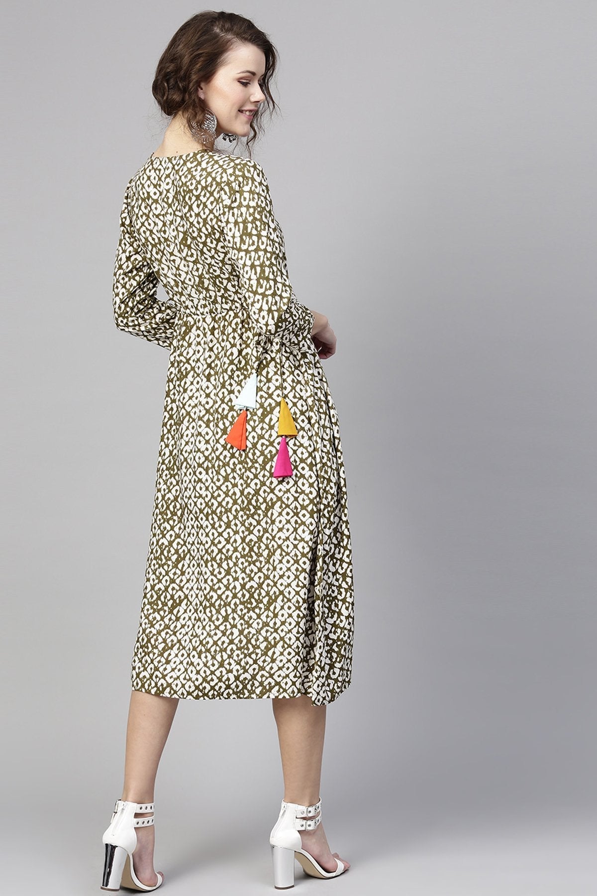 Women's Olive Geo Print Side Tie Dress