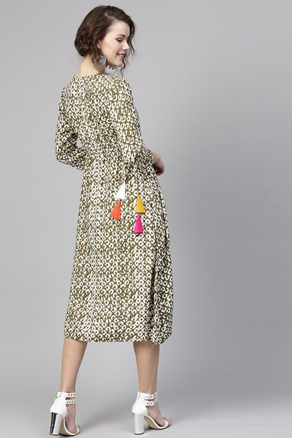 Women's Olive Geo Print Side Tie Dress