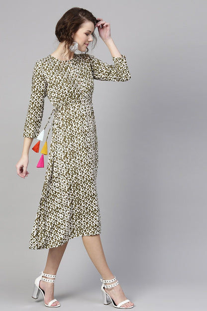 Women's Olive Geo Print Side Tie Dress
