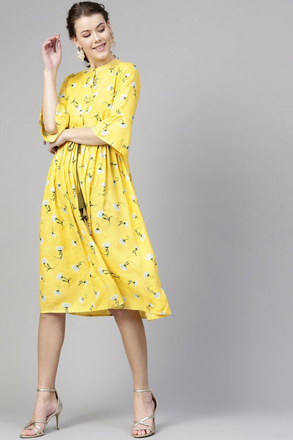 Women's Yellow Blue Floral Drawstring Dress