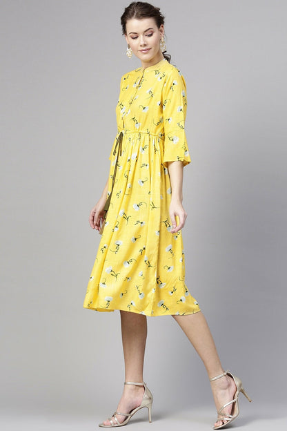 Women's Yellow Blue Floral Drawstring Dress