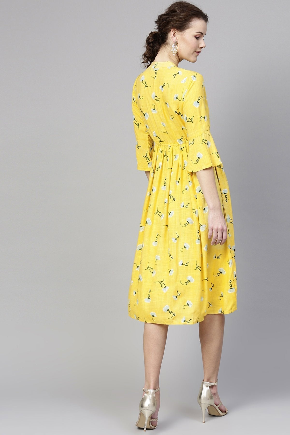 Women's Yellow Blue Floral Drawstring Dress