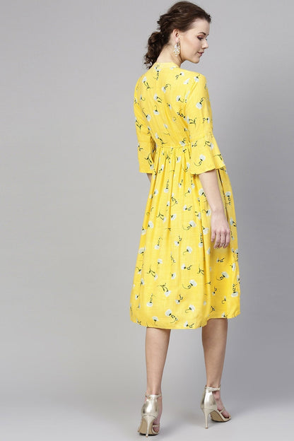 Women's Yellow Blue Floral Drawstring Dress