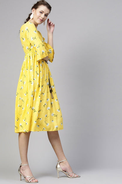 Women's Yellow Blue Floral Drawstring Dress