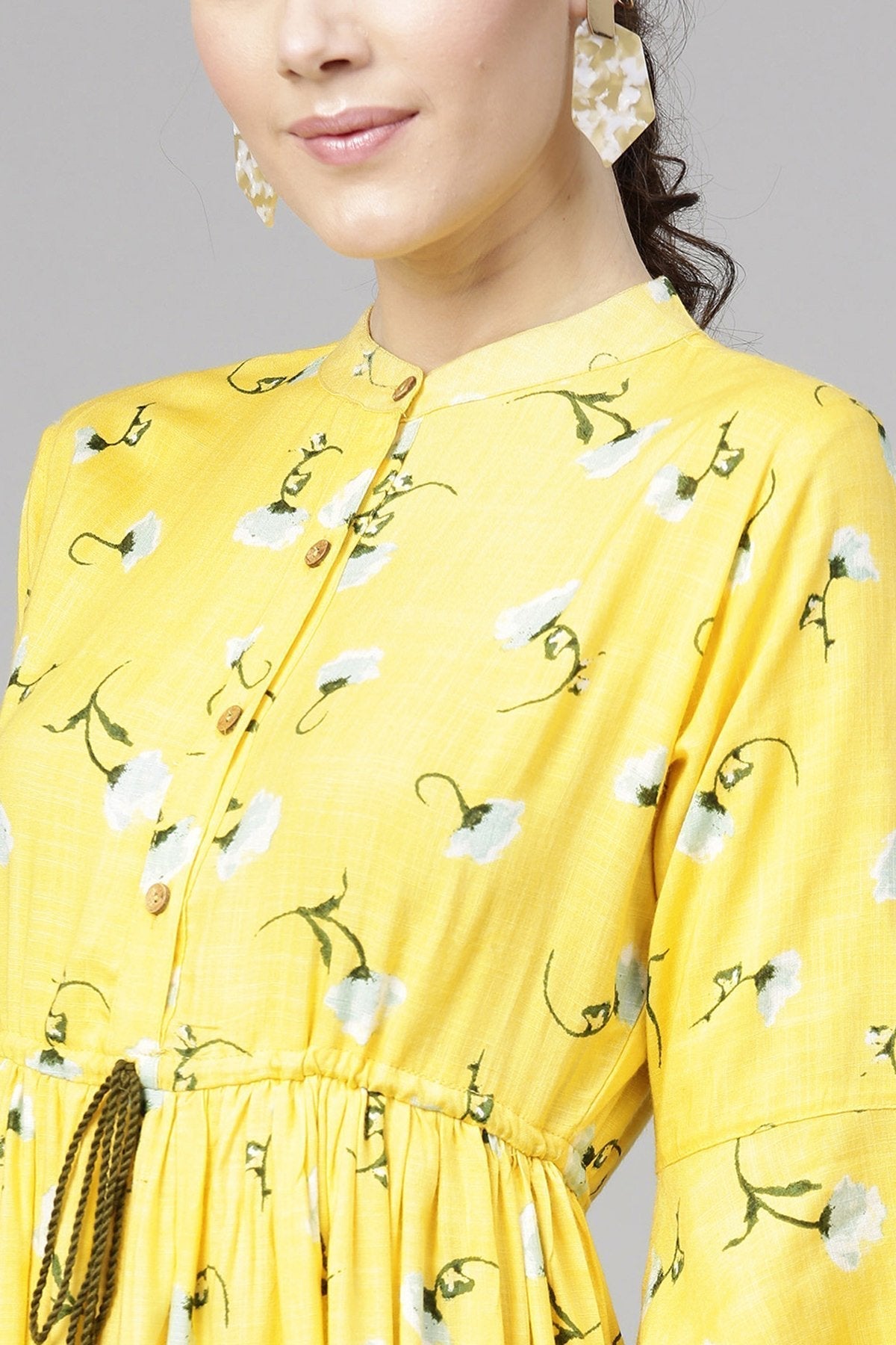 Women's Yellow Blue Floral Drawstring Dress