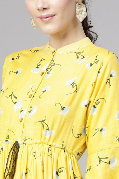 Women's Yellow Blue Floral Drawstring Dress