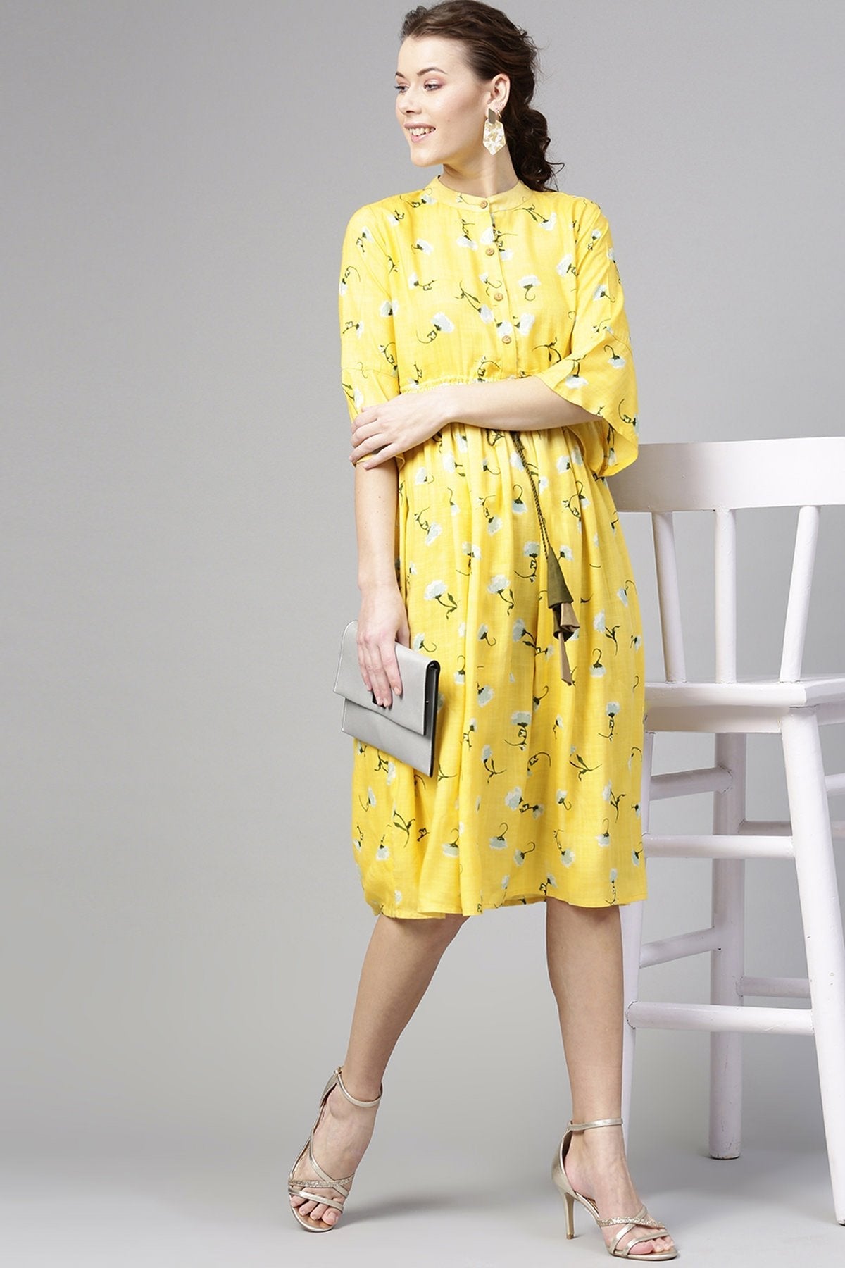 Women's Yellow Blue Floral Drawstring Dress