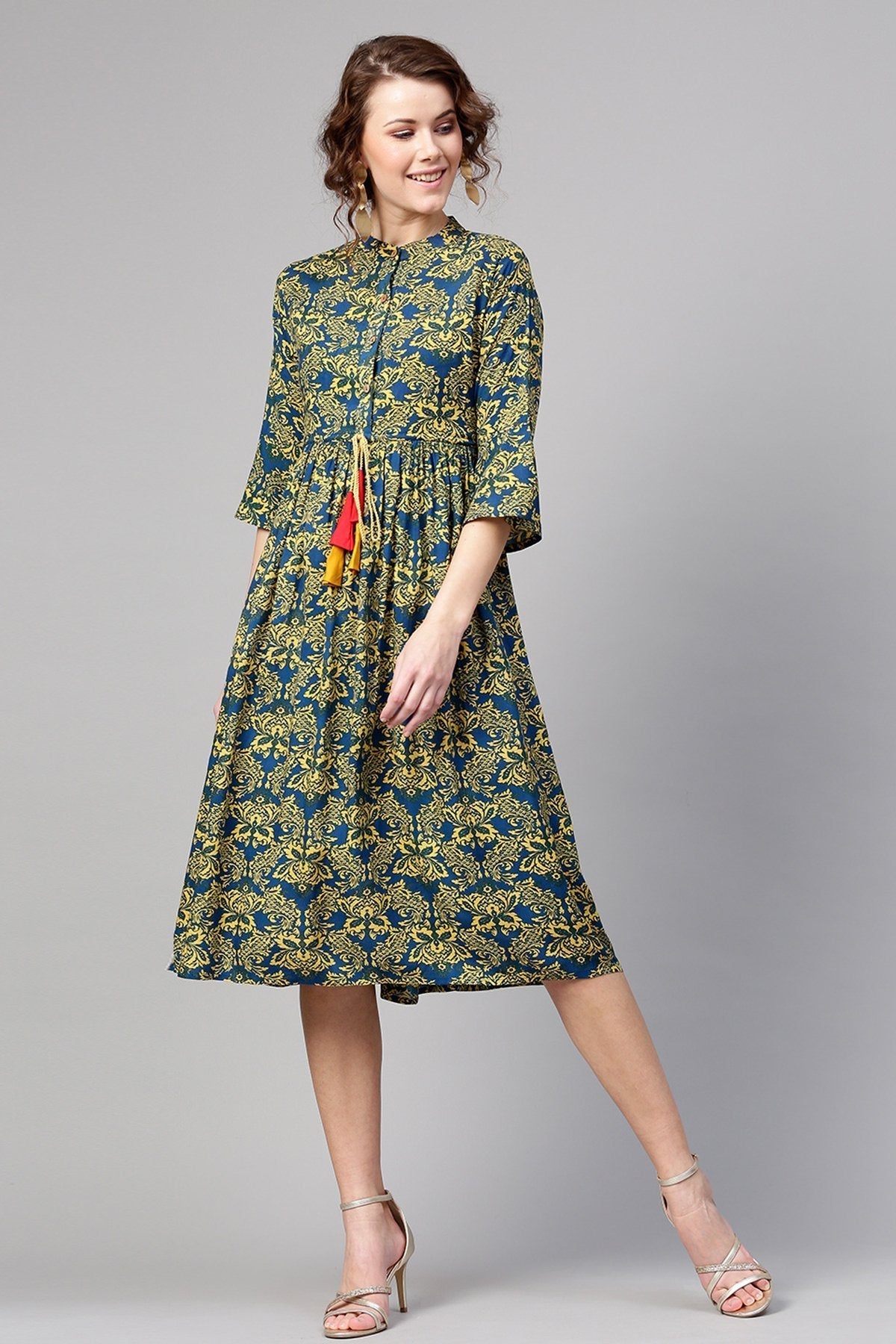 Women's Navy Yellow Floral Drawstring Dress