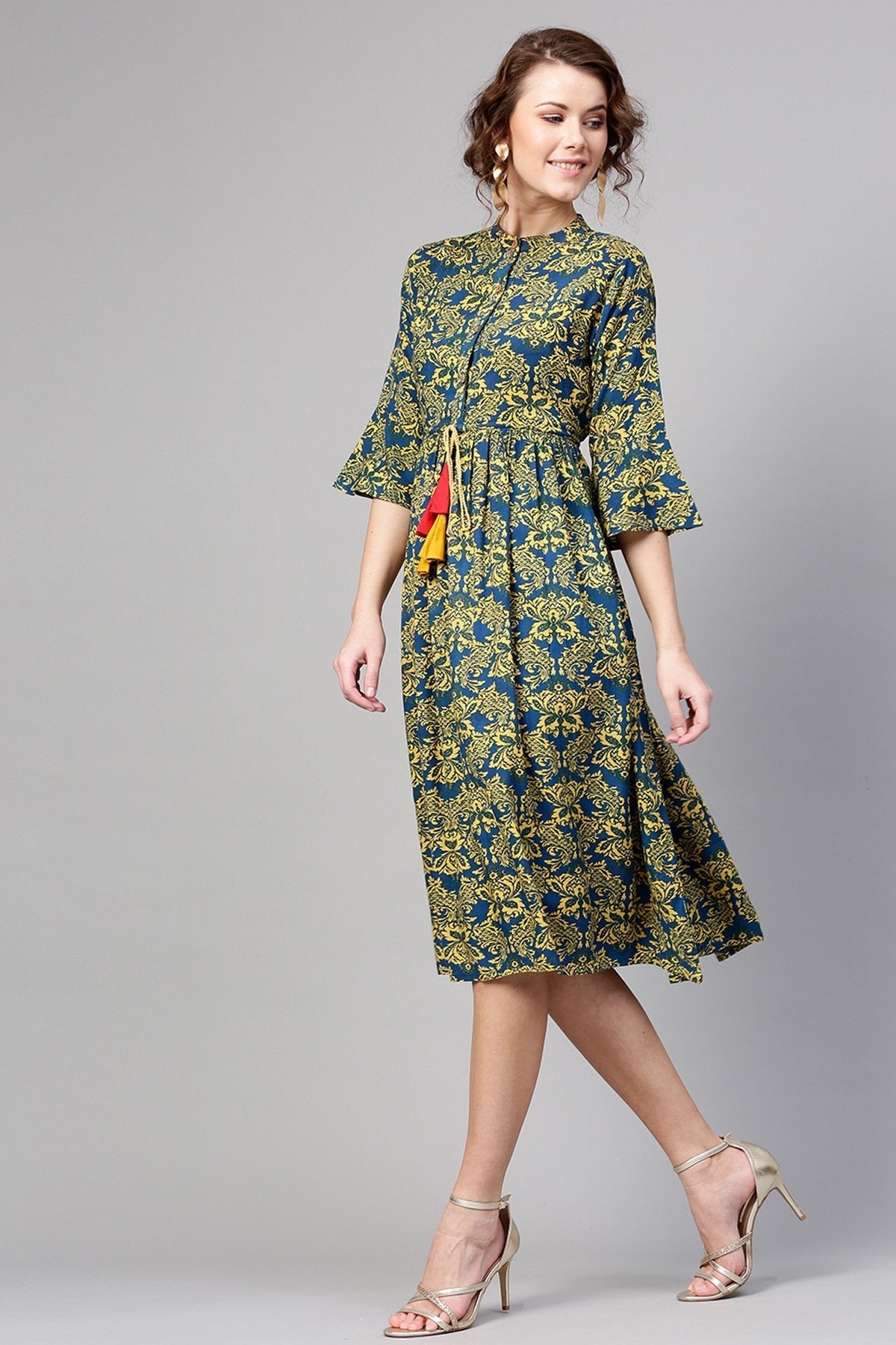 Women's Navy Yellow Floral Drawstring Dress