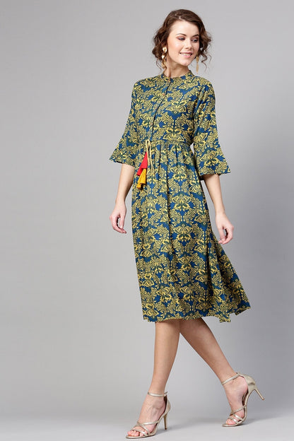 Women's Navy Yellow Floral Drawstring Dress