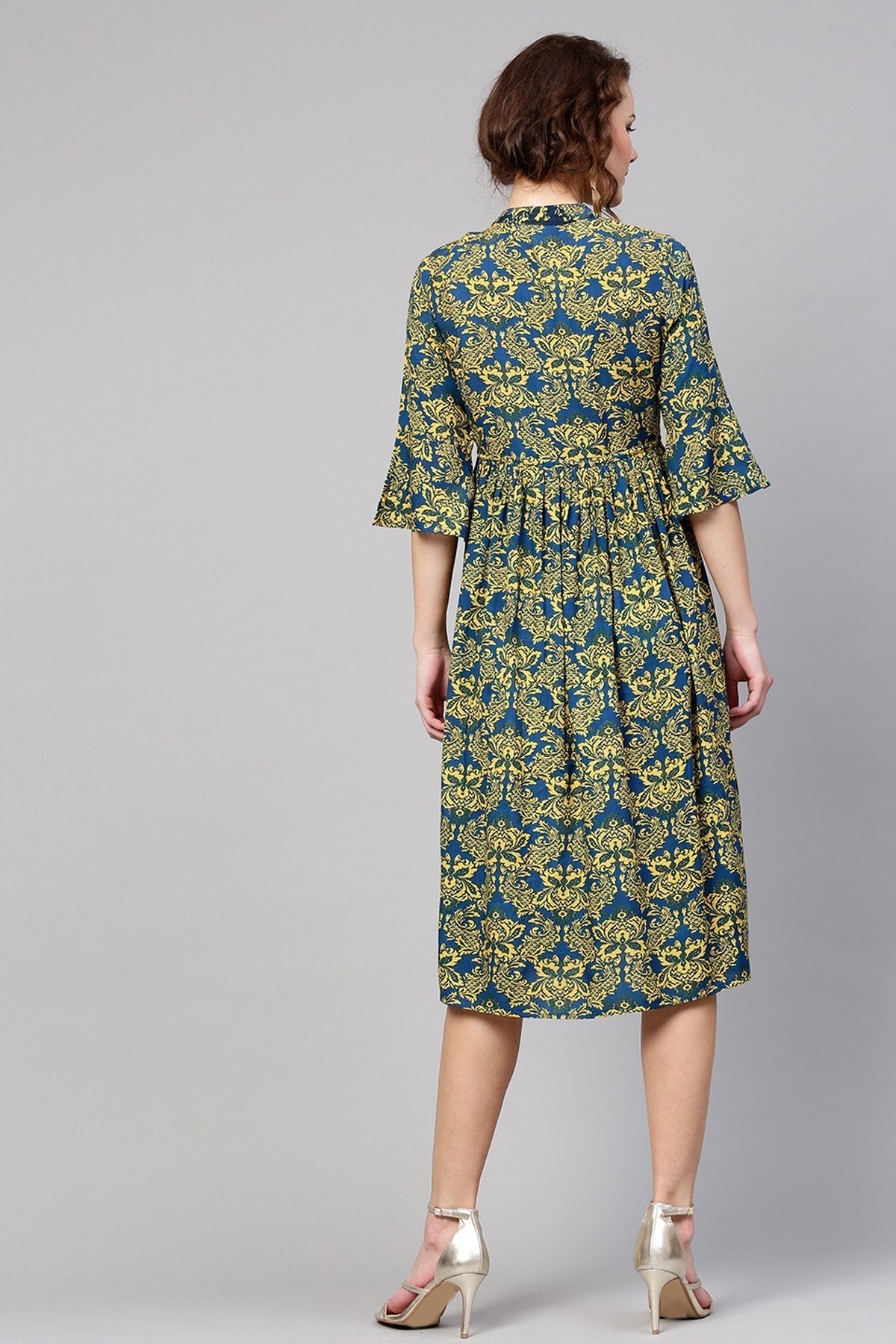 Women's Navy Yellow Floral Drawstring Dress