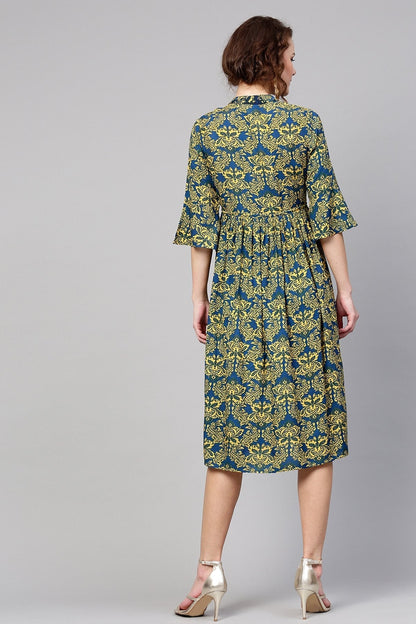 Women's Navy Yellow Floral Drawstring Dress
