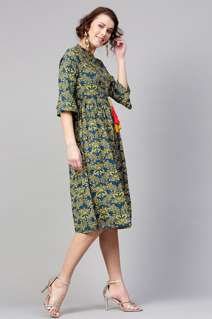 Women's Navy Yellow Floral Drawstring Dress