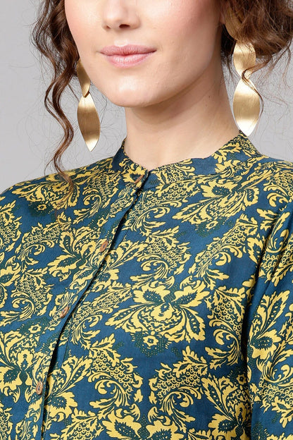 Women's Navy Yellow Floral Drawstring Dress