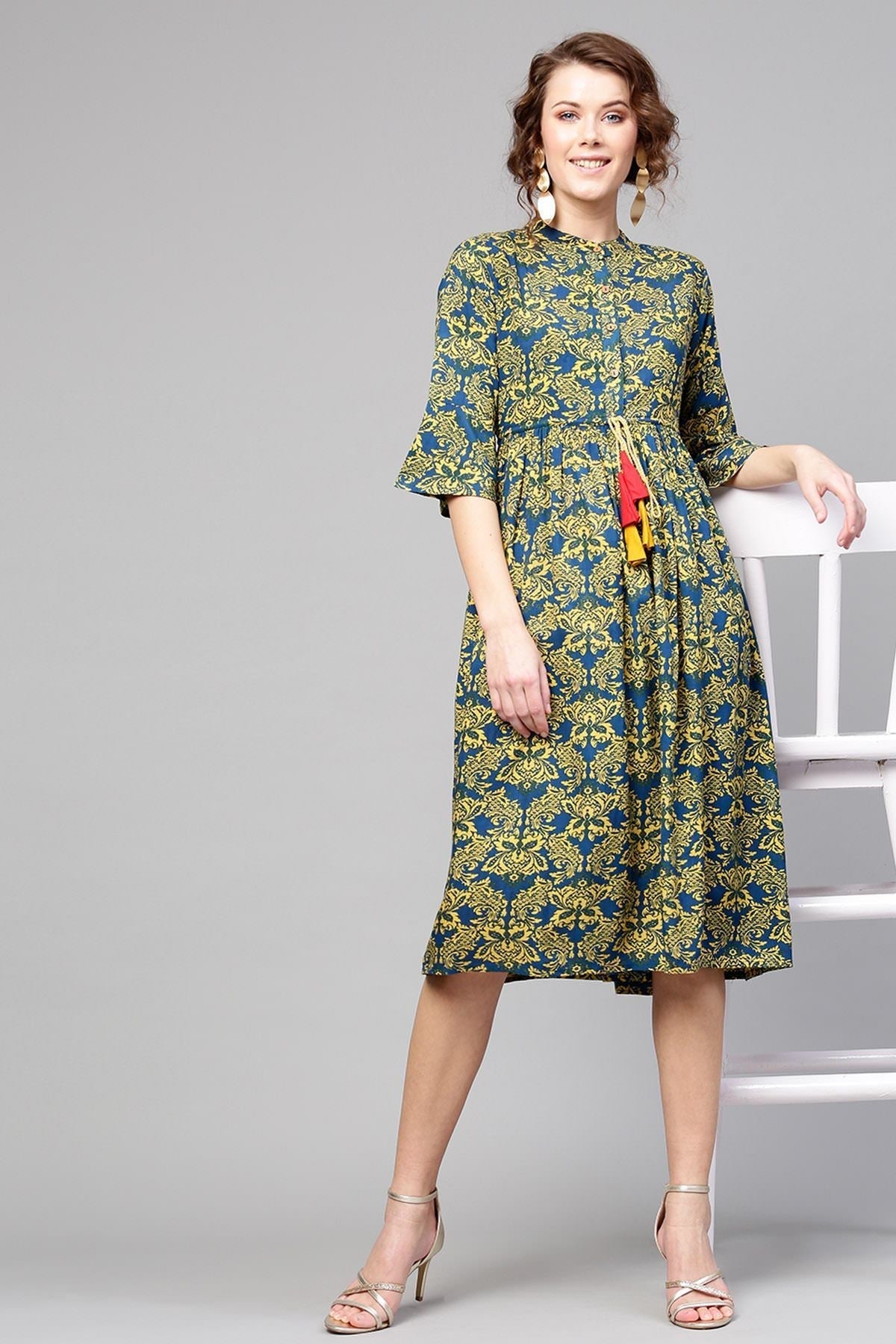 Women's Navy Yellow Floral Drawstring Dress