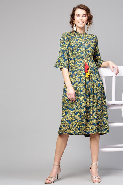 Women's Navy Yellow Floral Drawstring Dress