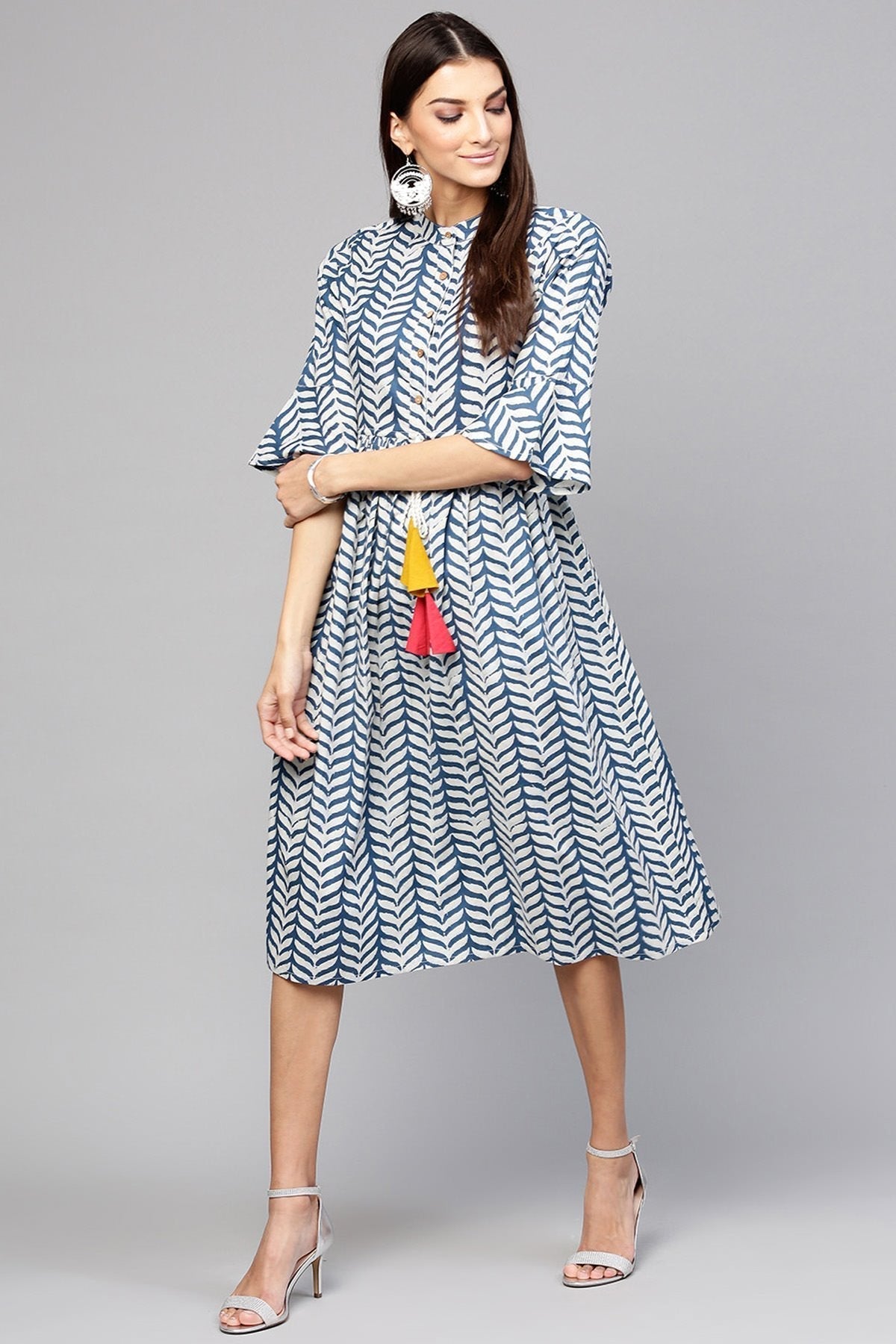 Women's Indigo Leaf Print Drawstring Dress