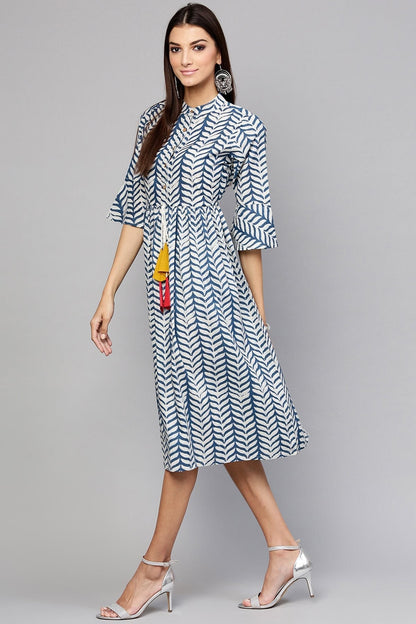 Women's Indigo Leaf Print Drawstring Dress