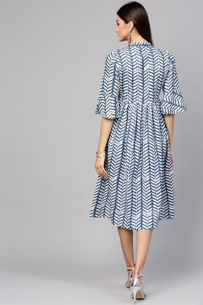 Women's Indigo Leaf Print Drawstring Dress