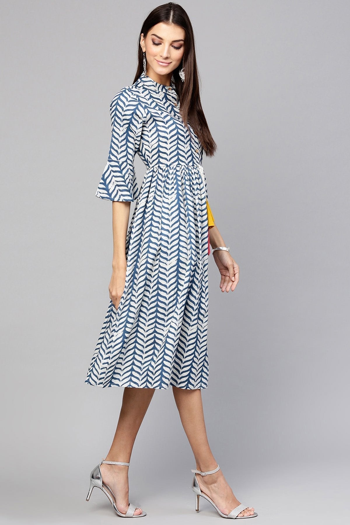 Women's Indigo Leaf Print Drawstring Dress