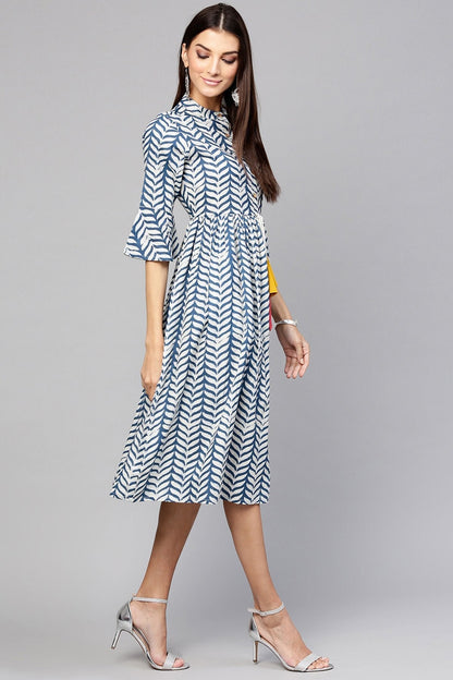 Women's Indigo Leaf Print Drawstring Dress