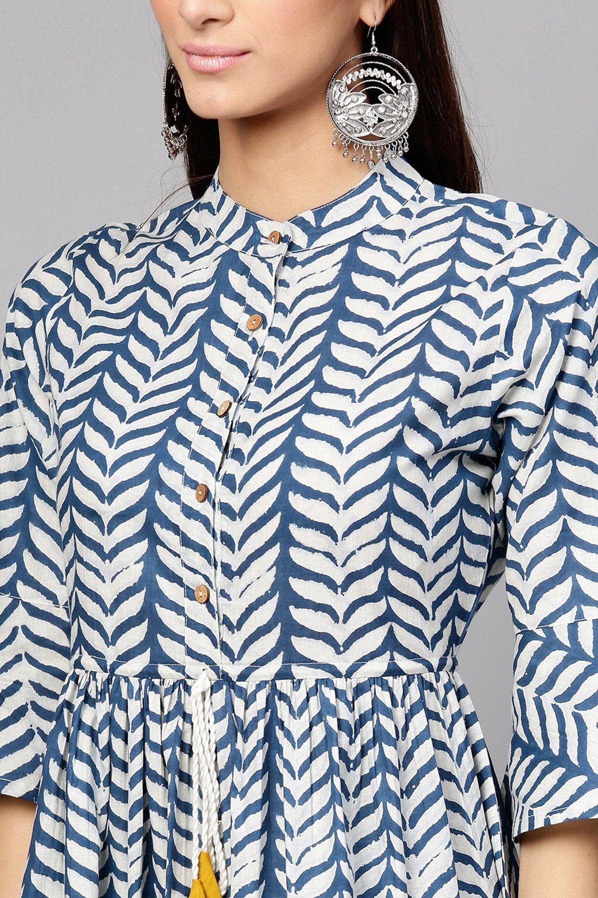 Women's Indigo Leaf Print Drawstring Dress
