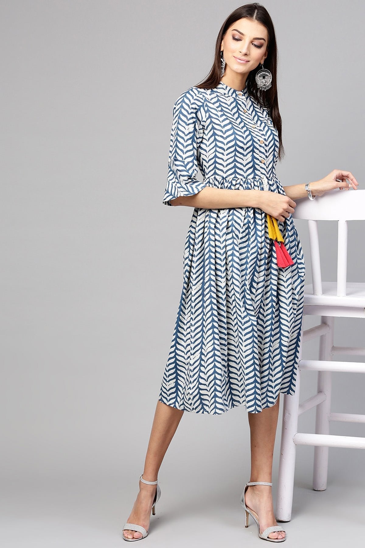 Women's Indigo Leaf Print Drawstring Dress