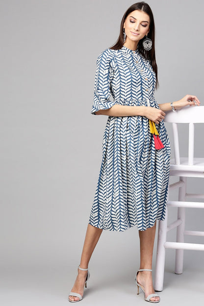 Women's Indigo Leaf Print Drawstring Dress