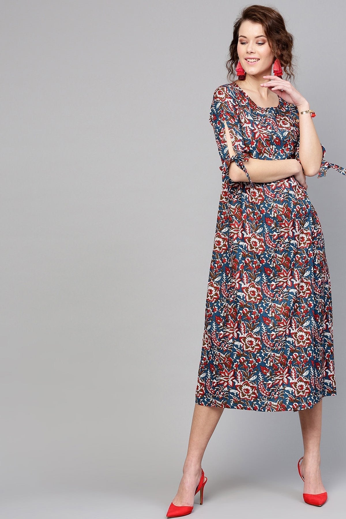 Women's Navy Red Floral Side Placket Dress