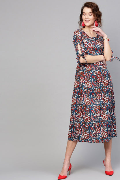 Women's Navy Red Floral Side Placket Dress