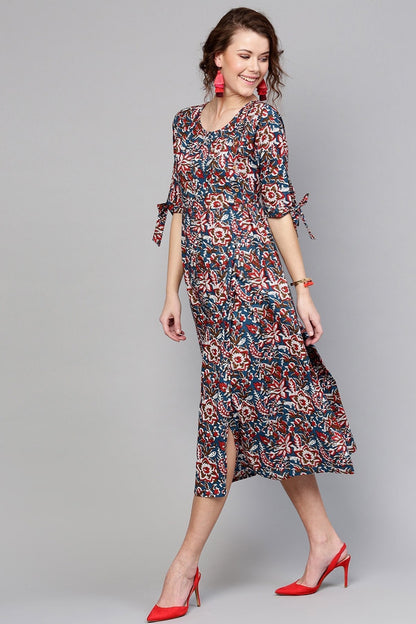 Women's Navy Red Floral Side Placket Dress