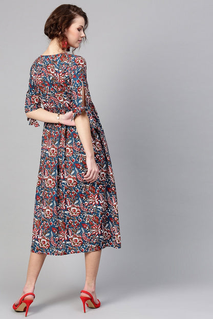 Women's Navy Red Floral Side Placket Dress
