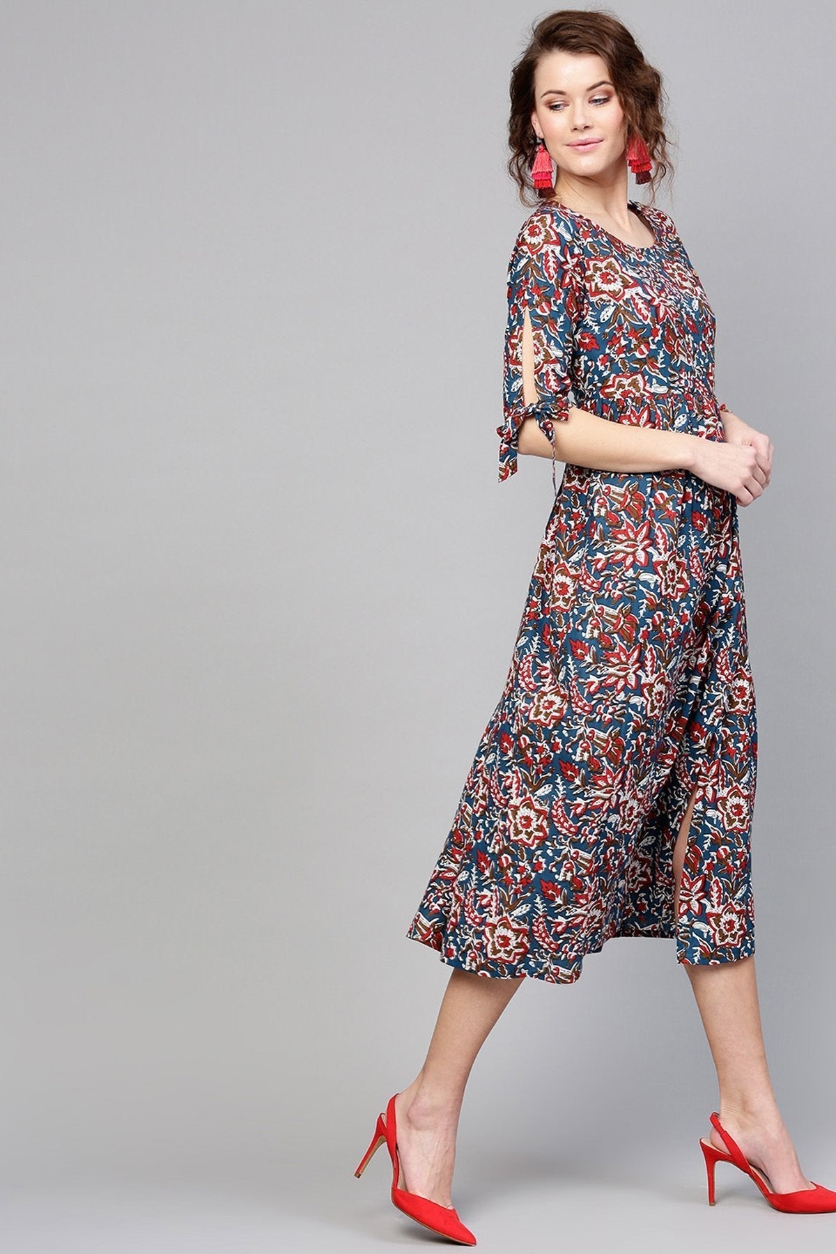 Women's Navy Red Floral Side Placket Dress