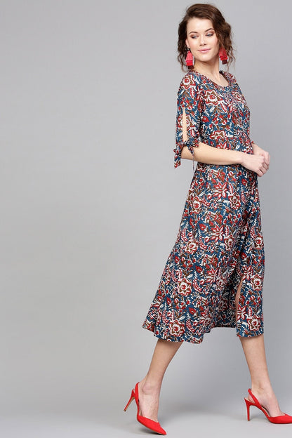 Women's Navy Red Floral Side Placket Dress