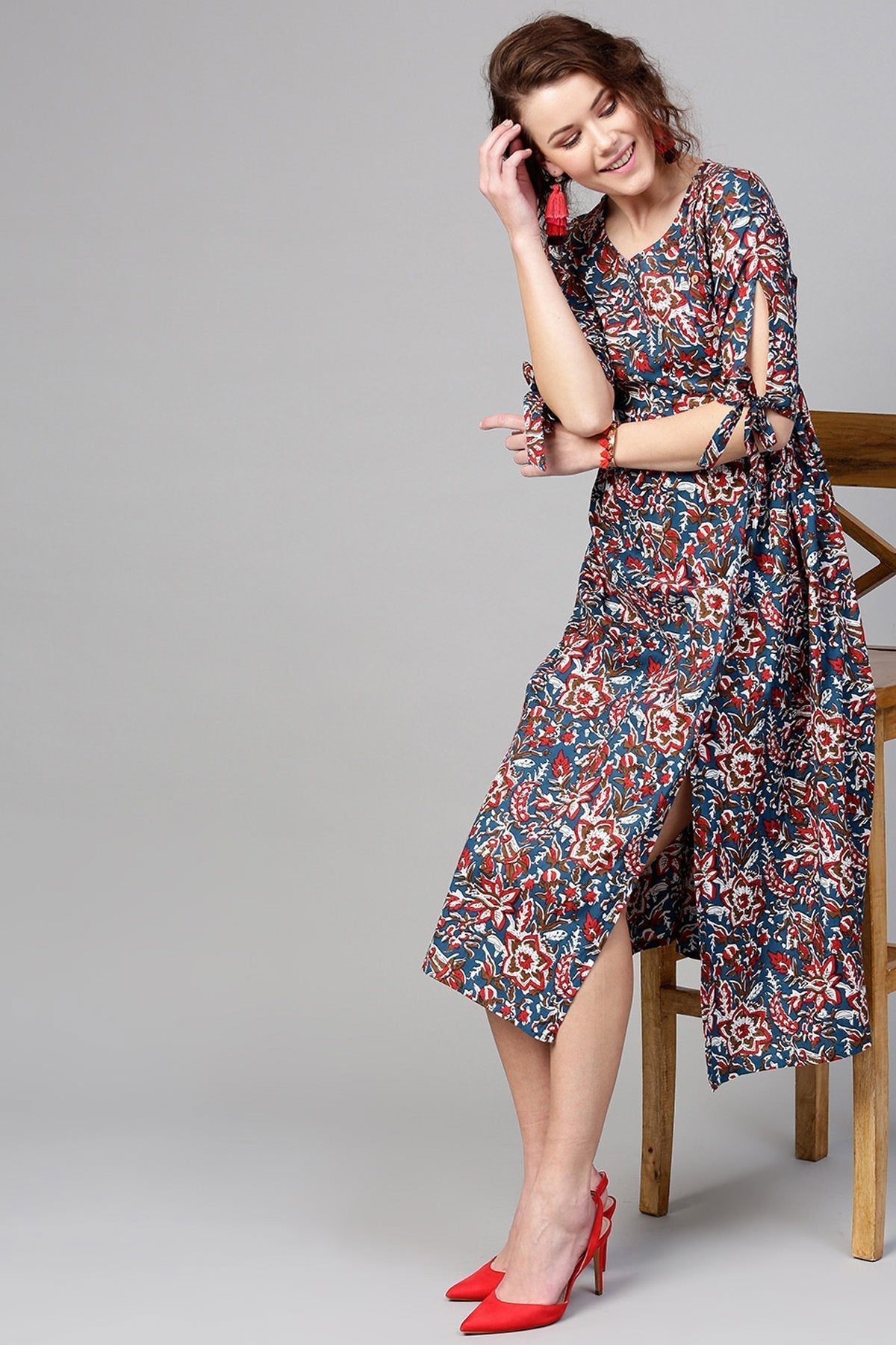 Women's Navy Red Floral Side Placket Dress