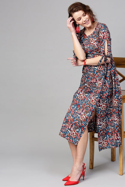 Women's Navy Red Floral Side Placket Dress