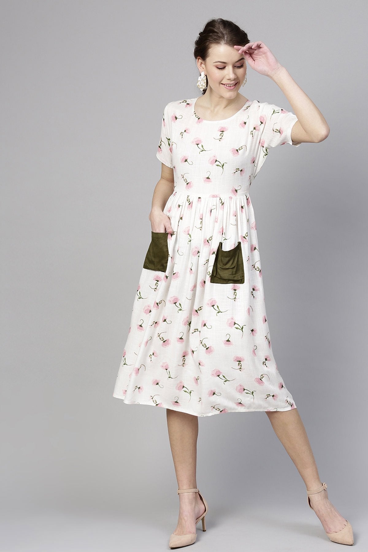 Women's White Floral Pocket Dress