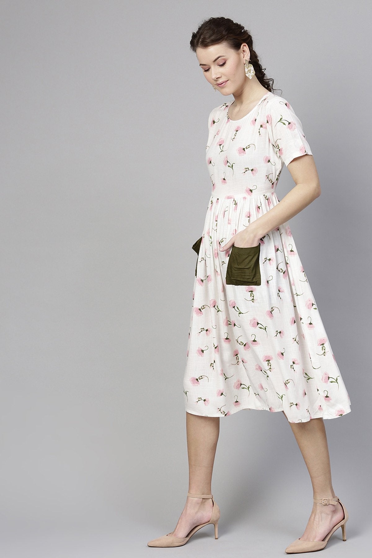 Women's White Floral Pocket Dress