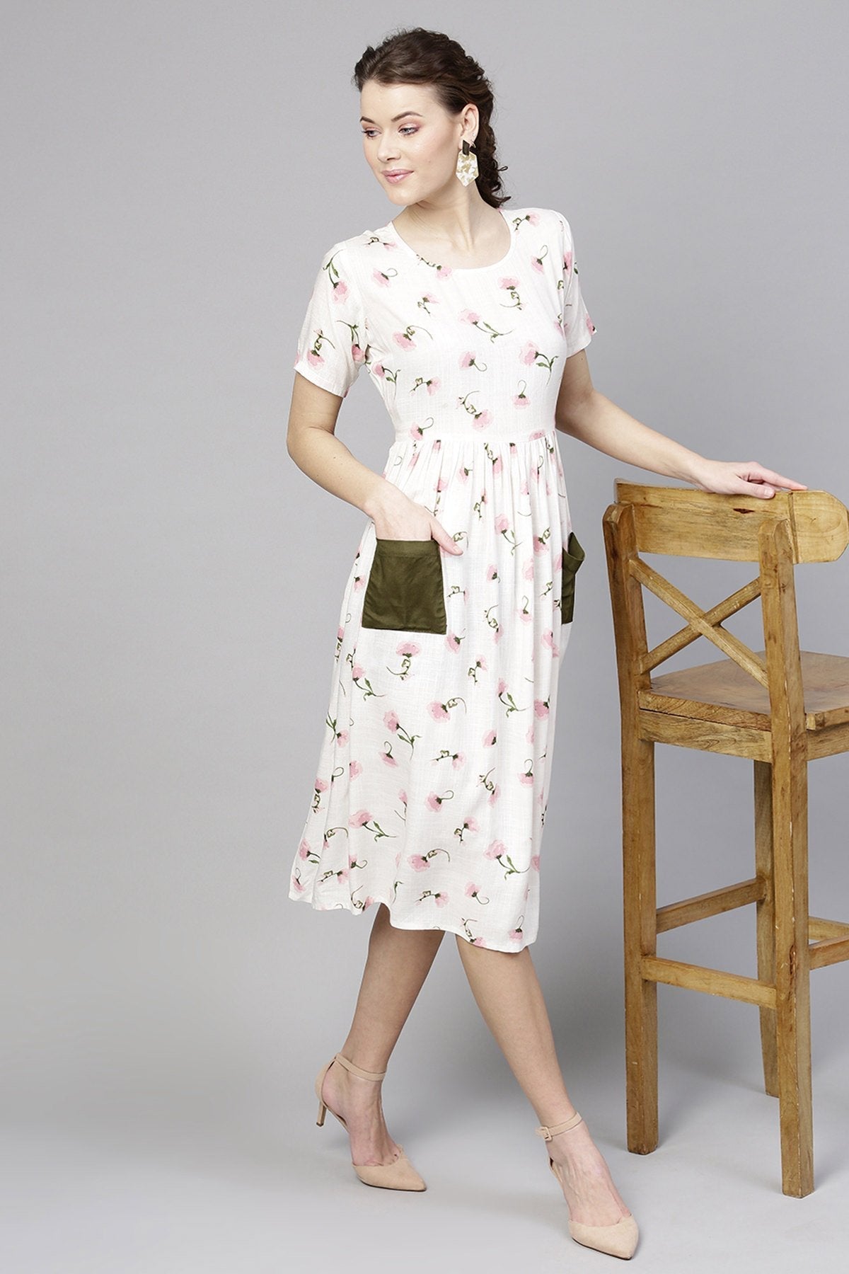 Women's White Floral Pocket Dress