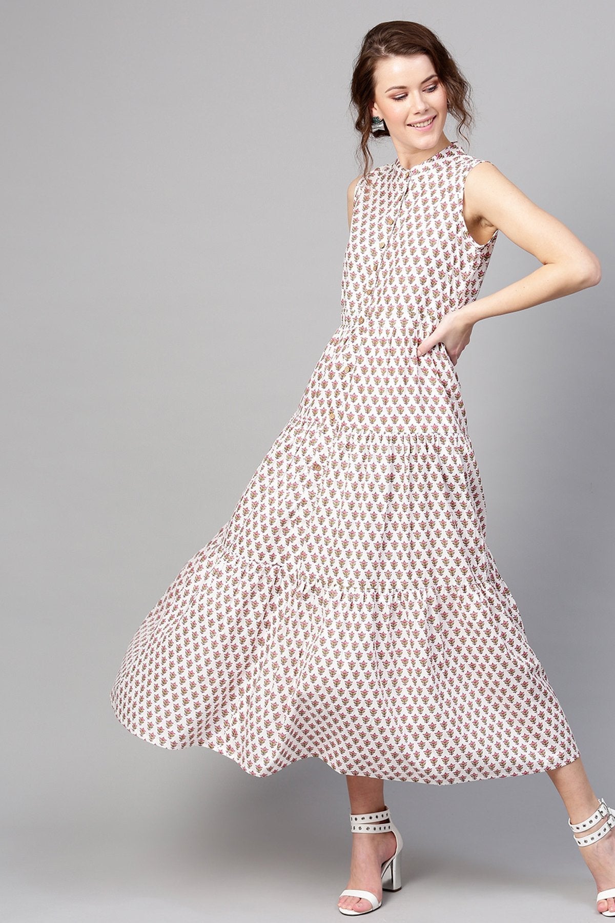Women's Pink Booti Tiered Front Button Maxi