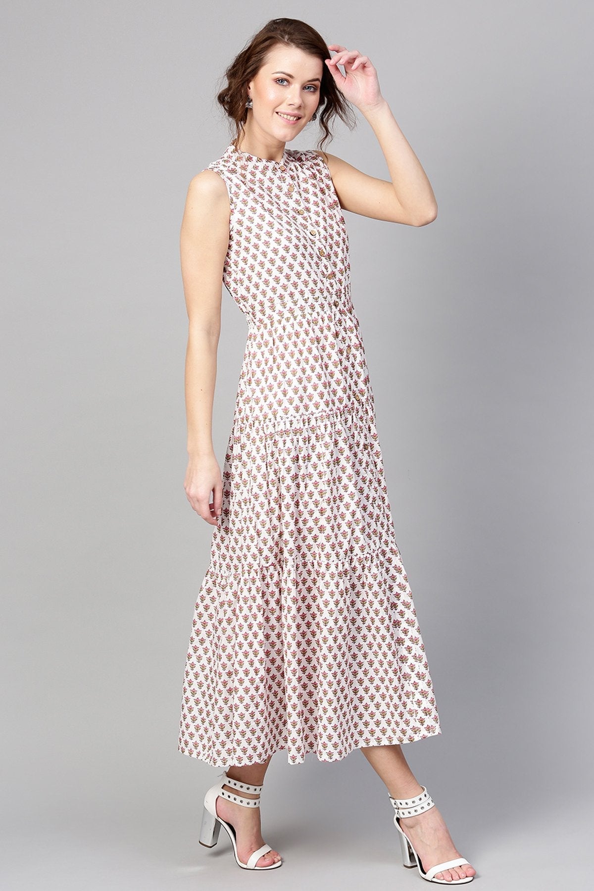Women's Pink Booti Tiered Front Button Maxi