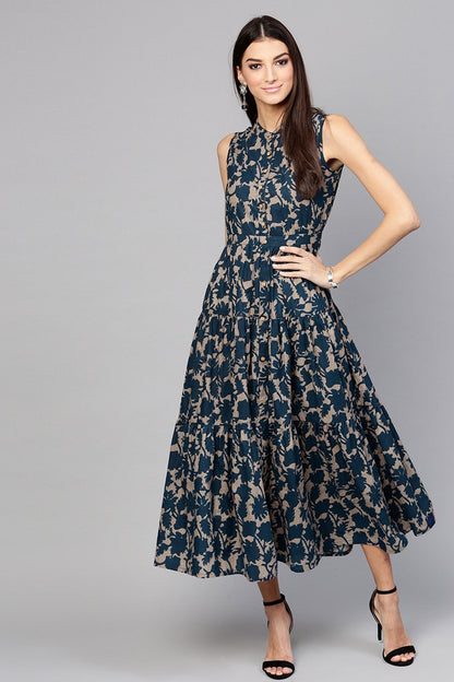 Women's Grey Indigo Floral Tiered Front Button Maxi
