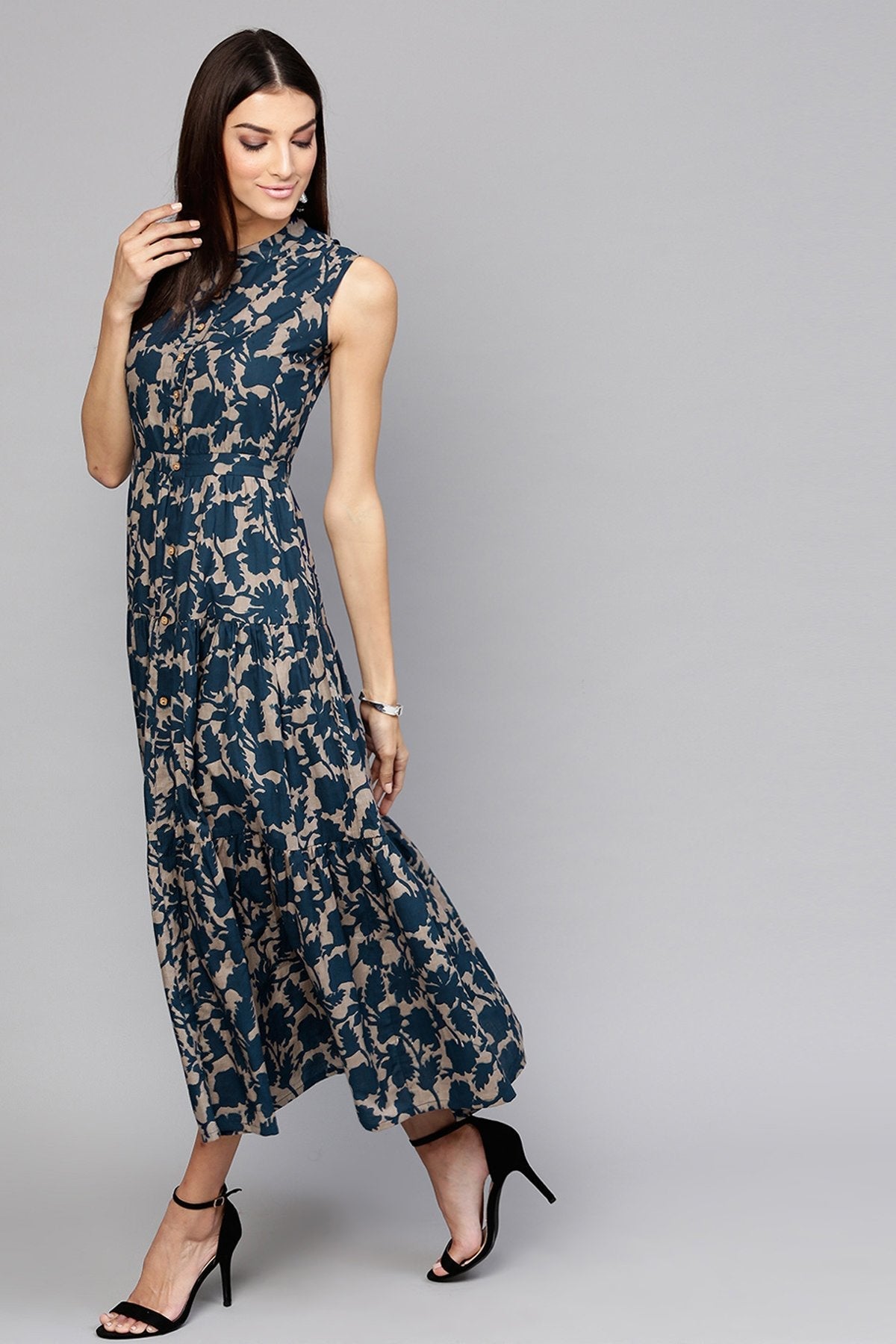 Women's Grey Indigo Floral Tiered Front Button Maxi