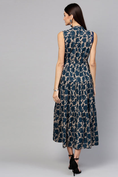 Women's Grey Indigo Floral Tiered Front Button Maxi