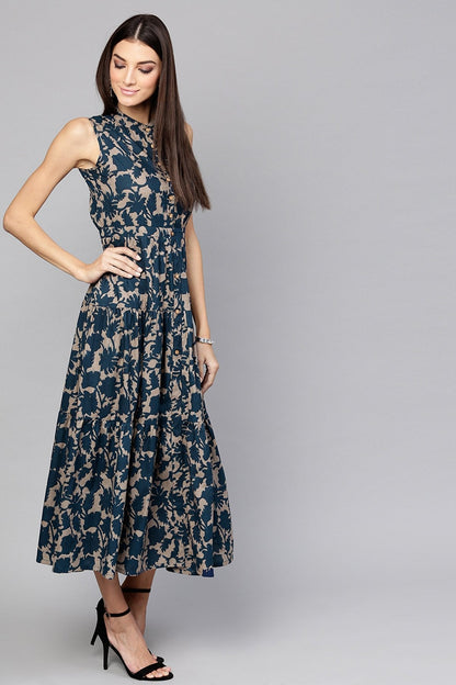 Women's Grey Indigo Floral Tiered Front Button Maxi