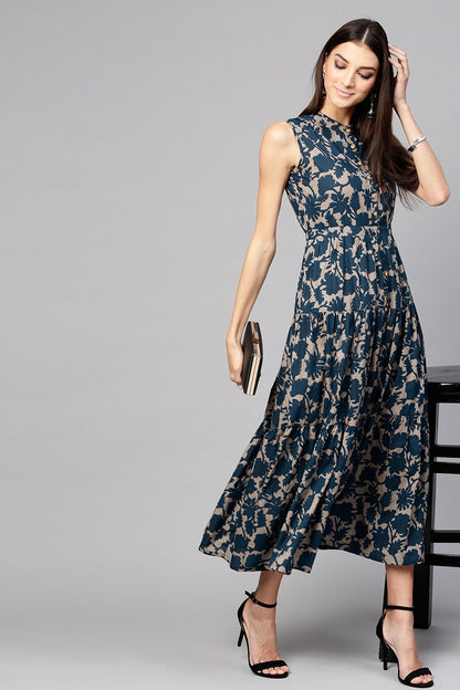 Women's Grey Indigo Floral Tiered Front Button Maxi