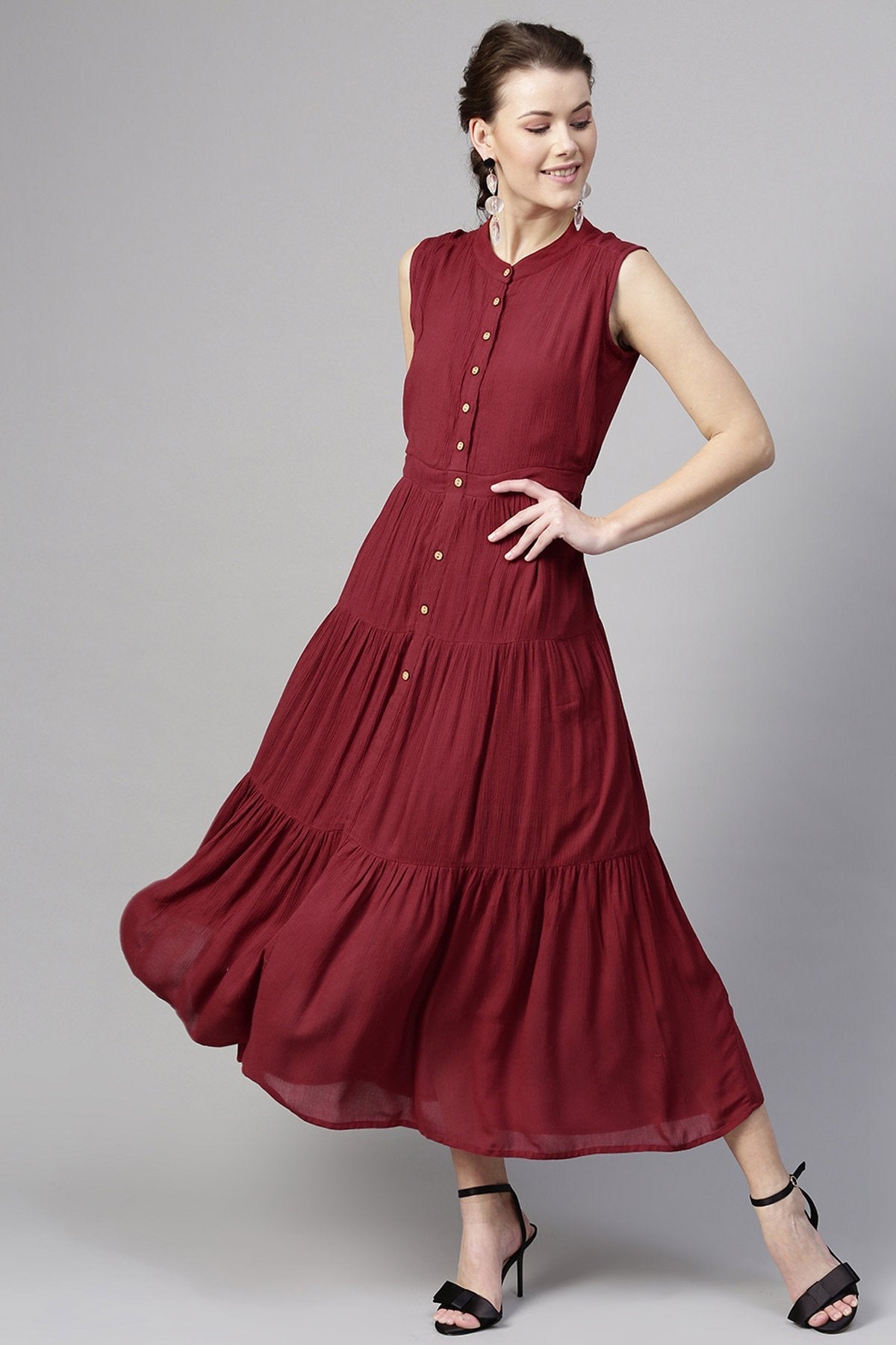 Women's Maroon Tiered Front Button Crinkled Maxi