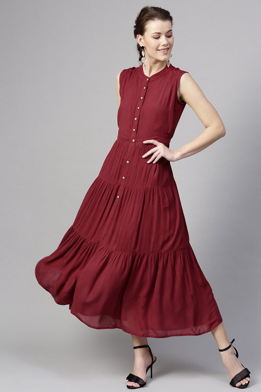 Women's Maroon Tiered Front Button Crinkled Maxi